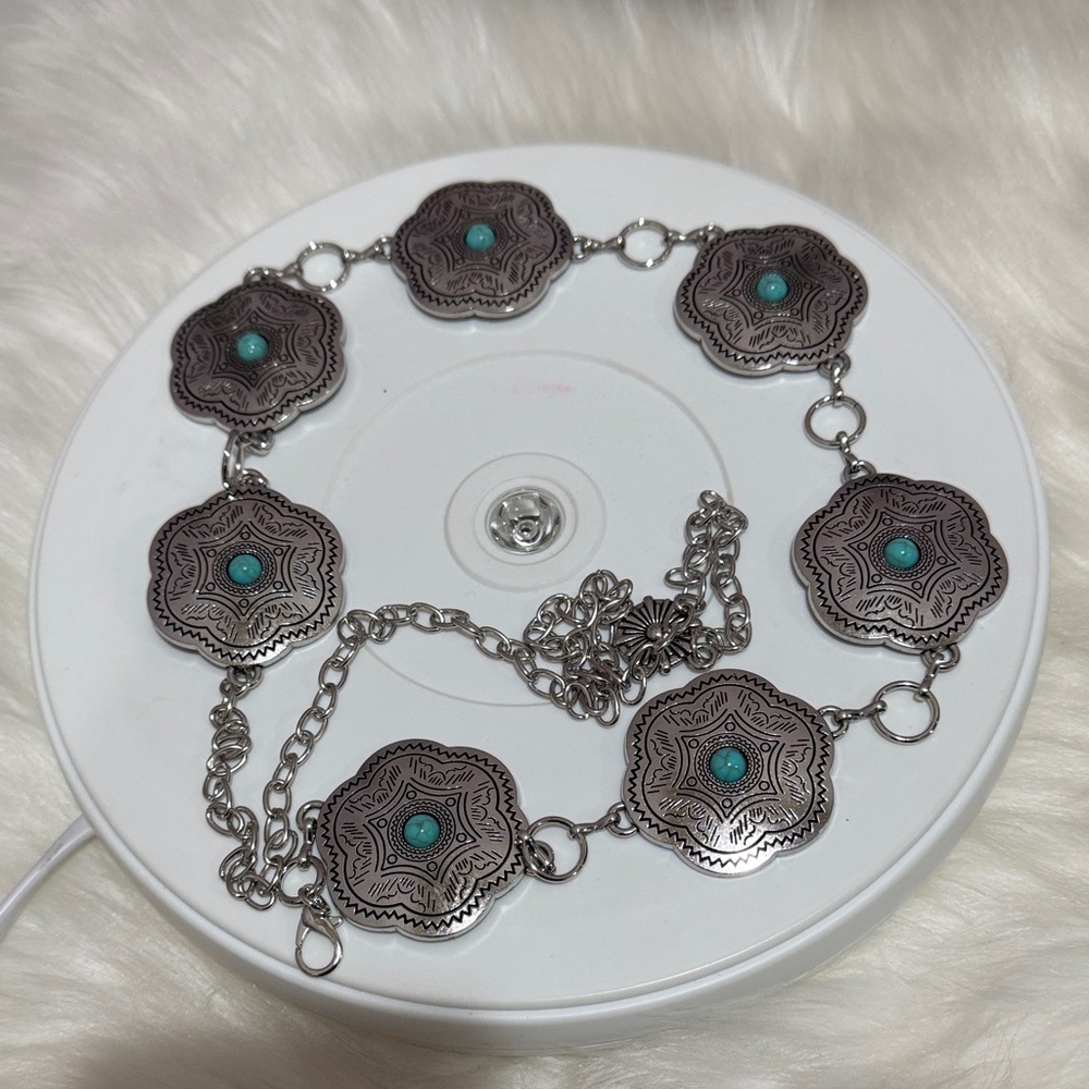 Silver-Tone Turquoise Medallion Belt